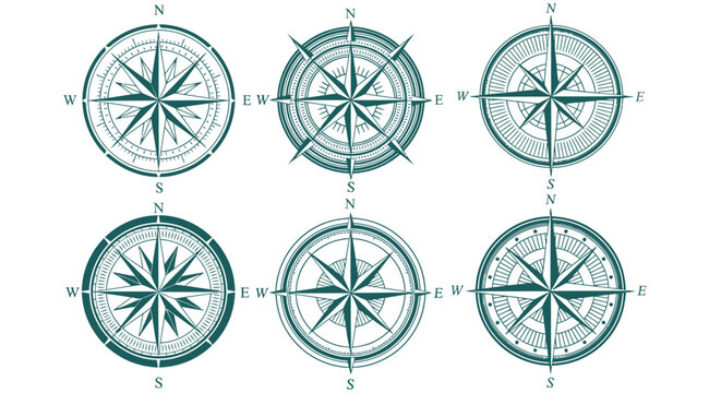 Set of six vintage style compass rose illustrations with directional points and decorative details.