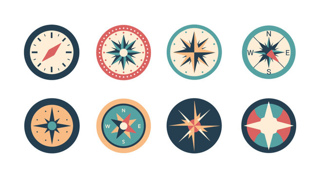 Set of eight colorful vintage style compass icons with different designs and directional arrows.