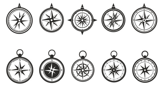Set of ten different black and white compass icons with various designs and styles.