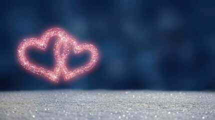 Fototapeta premium Glowing Pink Intertwined Hearts Floating Over Winter Snow Background, Romantic Valentine's Day Banner with Sparkling Love Symbol and Copy Space