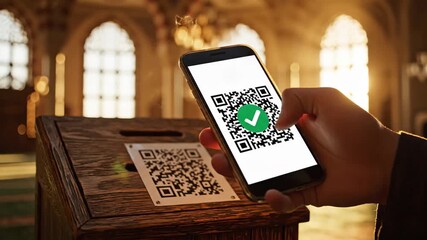 Close-up of a successful digital charity qr code scan in a warm, golden-lit mosque. - Powered by Adobe
