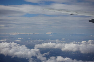 Aerial view of snow-capped Mount Fuji.