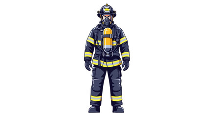 A person in full firefighter gear including helmet mask and air tank stands facing forward © rahim