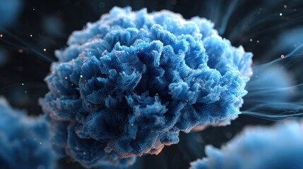 Close-up of a blue, cloud-like structure with glowing particles and wispy tendrils