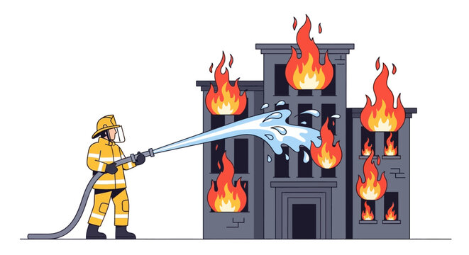 A firefighter sprays water on a burning building with visible flames and multiple windows engulfed in fire