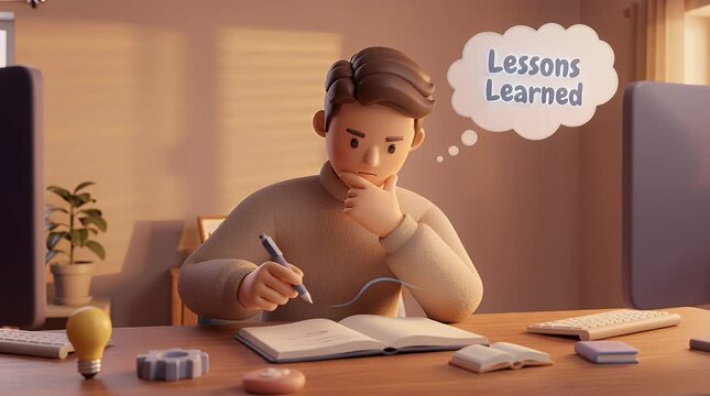 Animated man writing at desk thinking about lessons learned