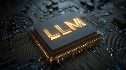 Close-up of a circuit board with "LLM" in gold on a black chip, wires prominent