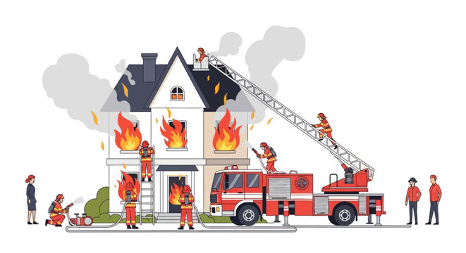 Cartoon scene of firefighters battling a house fire with smoke ladder truck and bystanders