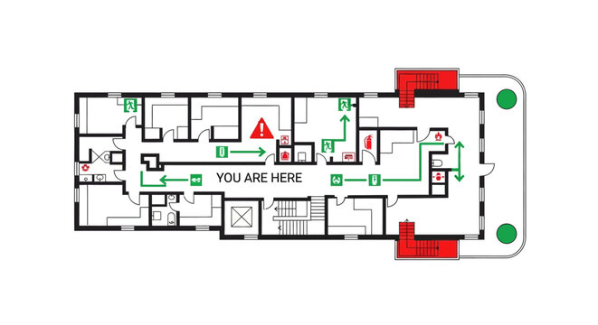 Detailed building evacuation plan with green routes  symbols including You Are Here