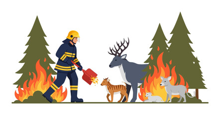 Firefighter uses a shovel to extinguish a fire while deer and wolves look on in a forest © rahim