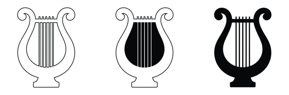 Lyre harp icon,lyre instrument icons in black and white,Harp icon isolated on white background.Isolated Classic Icon Symbol On Clean, Vector Lyre Element In Trendy Style.
