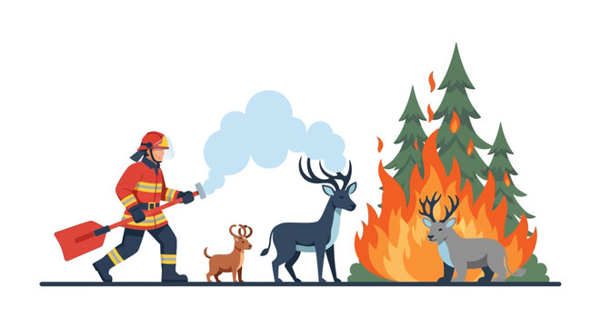 Firefighter extinguishing flames near deer saving wildlife in forest