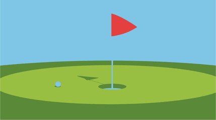 Obraz premium A golf ball sits on a green next to the hole with a red flag under a clear blue sky, illustrating a golf course scene.