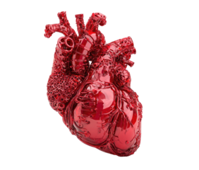 Intricate red heart sculpture; complex details, glossy sheen, set against black