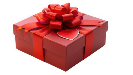 Obraz premium Red Gift Box with Ribbon Bow and Heart Tag Isolated on White