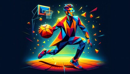 A geometric man made of triangles wearing glasses is playing basketball on a court. The background is dark and the image is colorful.