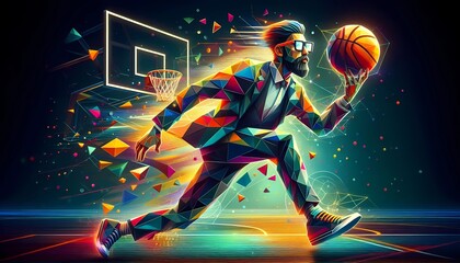 A geometric man made of triangles wearing glasses is playing basketball on a court. The background is dark and the image is colorful.