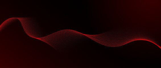 Fototapeta na wymiar Red dotted wave pattern background. Dark red flowing particles concept. Tech halftone curved lines wallpaper for science banner, technology poster, presentation, booklet, flyer. Vector illustration