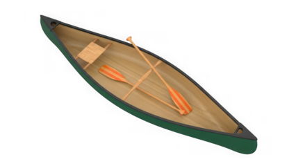 Small green wooden canoe with oars on transparent background isolated