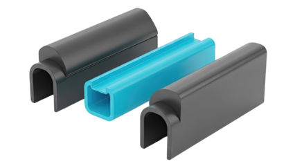 Three extruded plastic profiles: blue U-channel and two grey U-shaped profiles