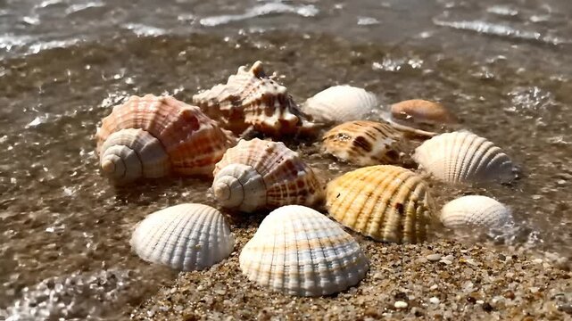 Assorted seashells and conch shells resting on golden sand, with clear ocean waves gently washing over them. Serene beach scene for summer vacation, travel, marine life, nature,
