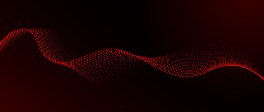Red dotted wave pattern background. Dark red flowing particles concept. Tech halftone curved lines wallpaper for science banner, technology poster, presentation, booklet, flyer. Vector illustration