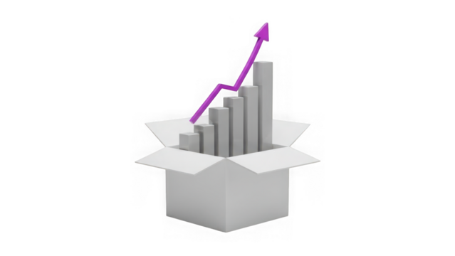 Gray bar graph emerging from a box with upward trend arrow isolated on transparent background - Powered by Adobe