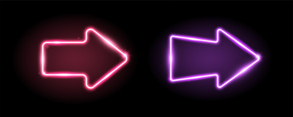 Purple and red neon arrow elements. Pink and purple glowing led direction sign. Shine arrowhead shape tube lamp. Bright luminous fluorescent pointers for banner, poster, logo. Vector neon led lights
