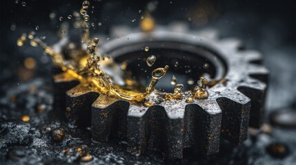 Close-up of a metal gear being splashed with oil, creating a dynamic and fluid effect