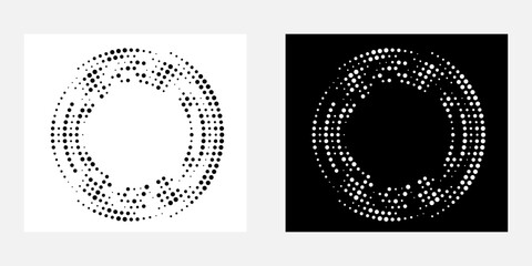 Modern abstract background. Halftone dots in circle form. Spiral logo, icon or design element. Black dots on a white background and white dots on the black side.