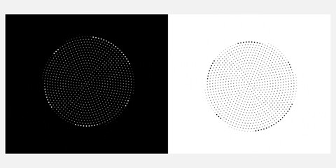 Modern abstract background. Halftone dots in circle form. Spiral logo, icon or design element. Black dots on a white background and white dots on the black side.