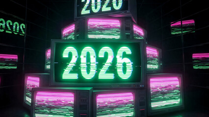 Glitch Art 2026 Typography on a Stack of Futuristic CRT TV Monitors