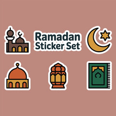 Ramadan sticker set featuring mosque crescent moon dome lantern and quran icons on white background Vector illustration