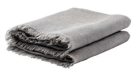 Folded, textured gray blanket with fringed edges on a dark background