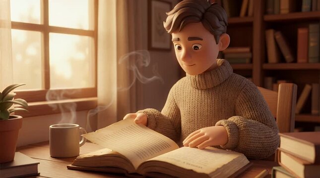 Animated young man reading book with coffee at table