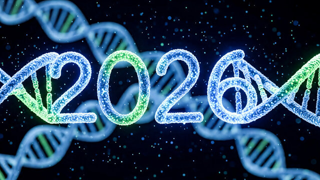 DNA Strand Twisting into the Shape of 2026 Year in Microscopic View - Powered by Adobe
