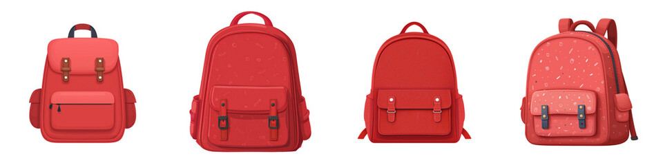 Four different red backpacks with various designs and buckles, PNG File