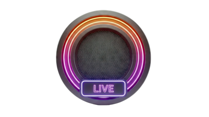 Round Speaker with Neon 'LIVE' Sign and Gradient Lighting