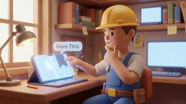 Cartoon construction worker using digital tablet in home office