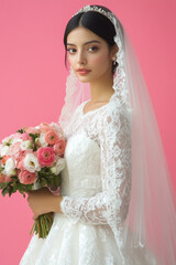 Portrait of a beautiful Hispanic bride wearing a white wedding dress and veil, holding a bouquet , isolated on a a pink background 