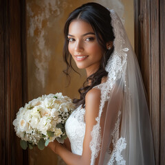 a beautiful Hispanic bride wearing a white wedding dress and veil, holding a bouquet and standing in front of a wooden door