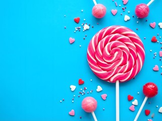 Colorful Candies and Lollipops on Vibrant Blue Background