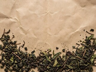Dried Tea Leaves on Brown Crumpled Paper Background