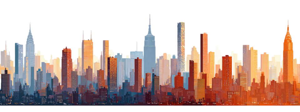 Warm and cool hues paint a stylized skyline of silhouetted buildings - Powered by Adobe