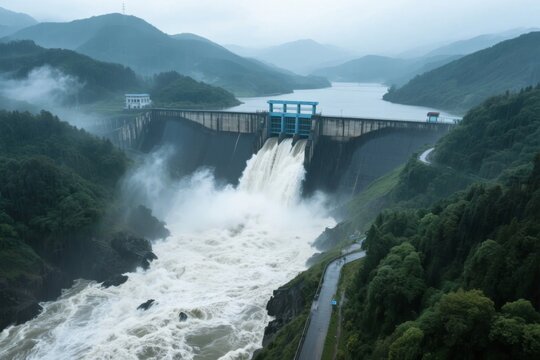 A large dam releases water into a river valley surrounded by mountains and forests on a misty day - Powered by Adobe