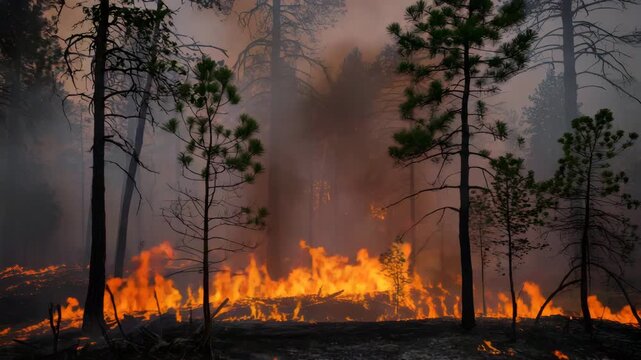 Powerful wildfire burns pine forest at dusk Orange flames engulf ground and trees Dark smoke fills the sky Devastating environmental disaster