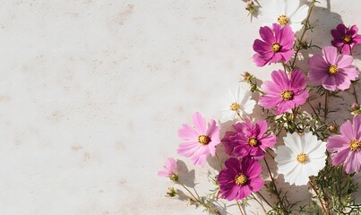 a wooden frame with pink and white cosmos flowers on the right side, placed against a light background. web banner with copy space in the bottom left corner