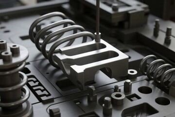 Close-up of mechanical components including springs and precision metal parts in an industrial assembly setup