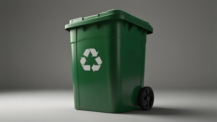 Green plastic recycling bin with white arrow symbol stands on plain grey studio floor. Environmental concept