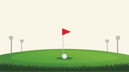 Obraz premium A golf ball sits on a green next to a red flag, surrounded by other markers on a golf course.